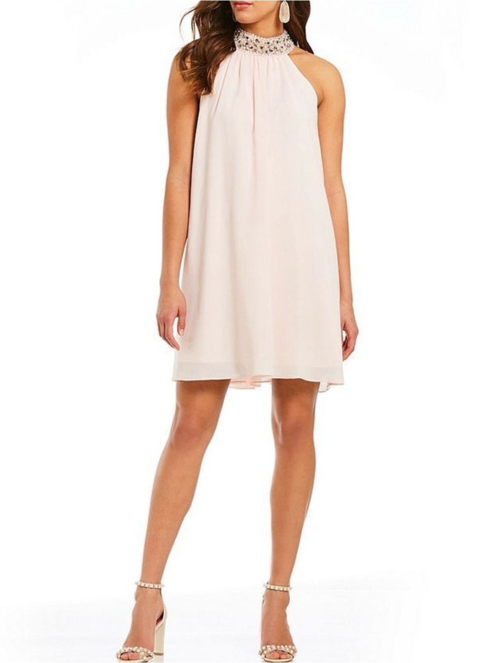 Belle Bradgley Mischka chiffon pink pearl halter neck flowy mini cocktail dress